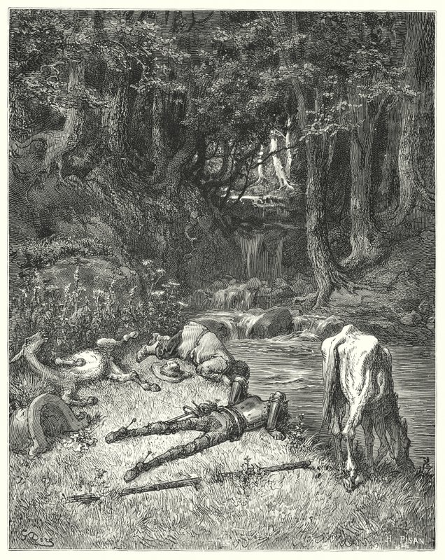 Gustave Dores Dom Quixote: "Um prado, regado com um riacho, convidou-os a acender" (gravura) de Gustave Dore