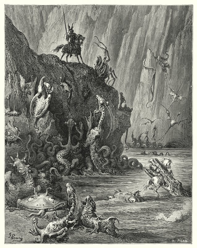 Gustave Dores Dom Quixote: "Um vasto lago de passo fervente, no qual uma infinita multidão de criaturas ferozes e terríveis está a atravessar para trás e para a frente" (gravura) de Gustave Dore