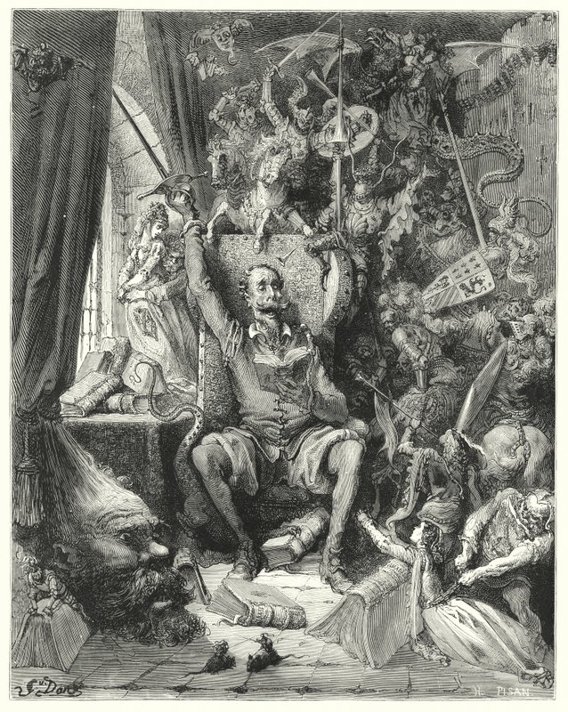 Gustave Dores Dom Quixote: "Um mundo de noções desordenadas, escolhidas de seus livros, lotado de imaginação" (gravura) de Gustave Dore