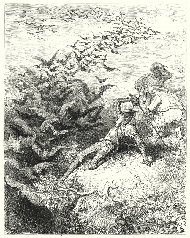 Gustave Dores Dom Quixote: "Um número infinito de corvos e madrugadas crescidos apressados e a esvoaçar para fora da caverna" (gravura) de Gustave Dore