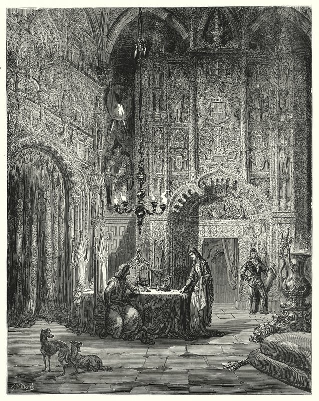 Gustave Dores Dom Quixote: "Outra donzela entra na sala, e começa a informar-lhe que castelo é esse, e como se encanta nele" (gravura) de Gustave Dore