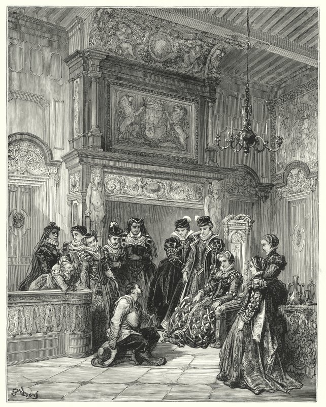 Gustave Dores Dom Quixote: "A pedido da duquesa, ele relatou com muita fidelidade toda a passagem do falecido encantamento fingido" (gravura) de Gustave Dore