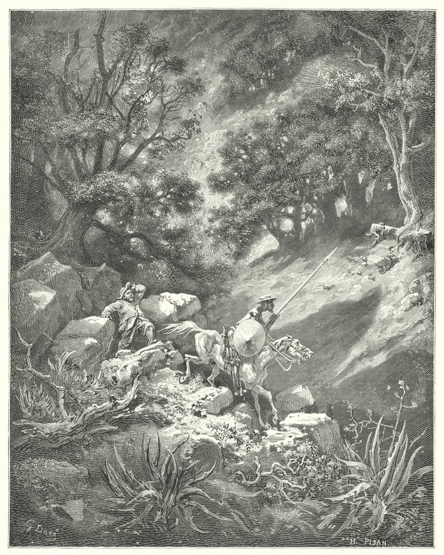 Gustave Dores Dom Quixote: "Mas reze, senhor", quoth Sancho, "é uma boa lei de cavalheirismo que diz que vaguearemos para cima e para baixo, por cima de arbustos e briares, neste deserto rochoso?" (gravura) de Gustave Dore
