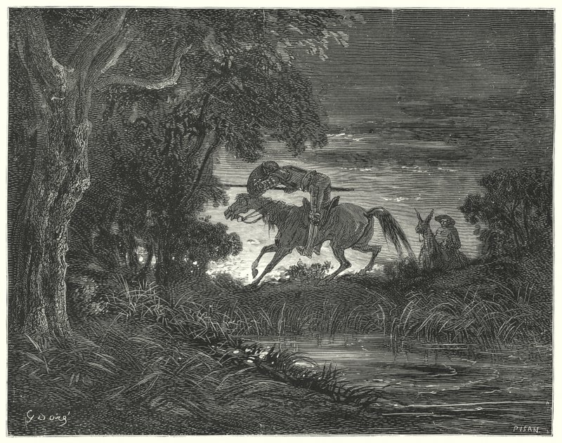 Gustave Dores Dom Quixote: "Dom Quixote, acompanhado pelo seu coração intrépido, saltou sobre Rozinante" (gravura) de Gustave Dore