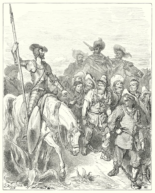 Gustave Dores Dom Quixote: "Dom Quixote perguntou ao primeiro por que crimes foi nestas circunstâncias miseráveis" (gravura) de Gustave Dore