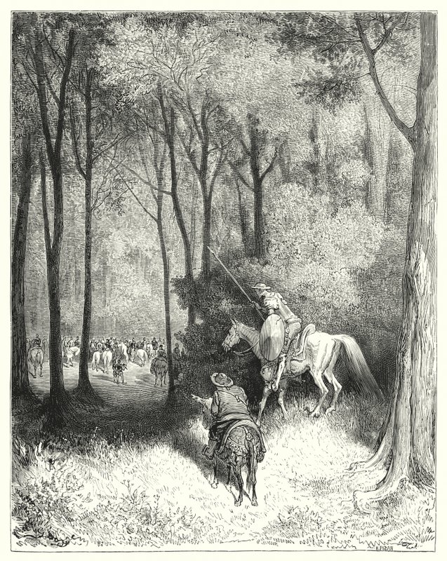 Gustave Dores Dom Quixote: "Dom Quixote desceu uma empresa, que, numa visão mais próxima, julgou ser pessoas de qualidade" (gravura) de Gustave Dore