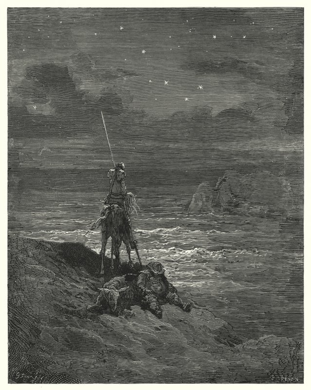 Gustave Dores Dom Quixote: "Dom Quixote ficou lá, esperando o apogeu do dia" (gravura) de Gustave Dore