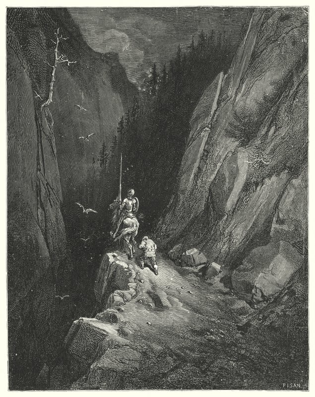 Gustave Dores Dom Quixote: "Dom Quixote foi transportado com alegria para se encontrar onde poderia lisonjear a sua ambição com a esperança de novas aventuras" (gravura) de Gustave Dore