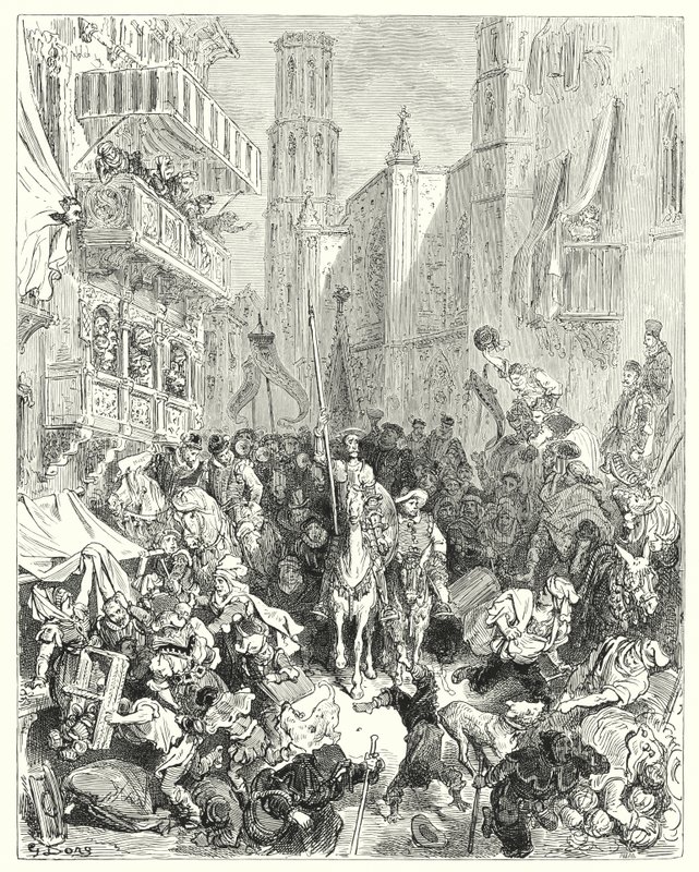 Gustave Dores Dom Quixote: "Encerrando-o no meio da sua brigada, conduziram-no em direcção à cidade" (gravura) de Gustave Dore