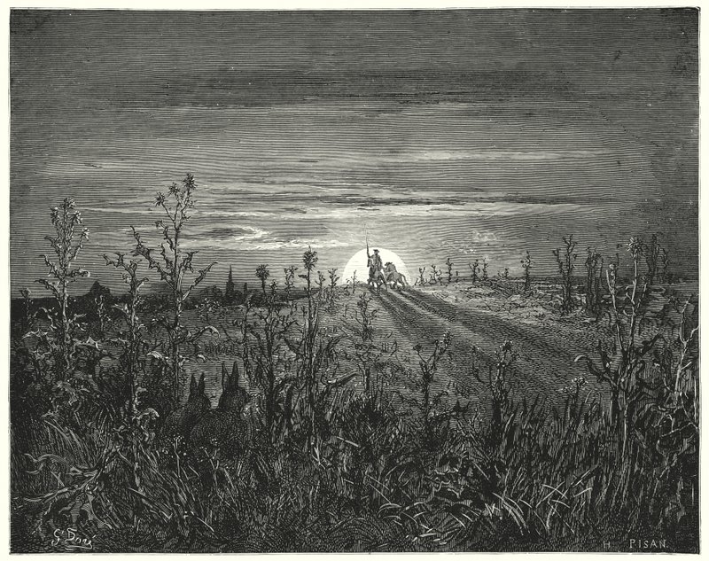 Gustave Dores Dom Quixote: "Amigo Sancho", disse Dom Quixote, "Acho que a noite que se aproxima nos ultrapassará antes que possamos chegar a Toboso" (gravura) de Gustave Dore
