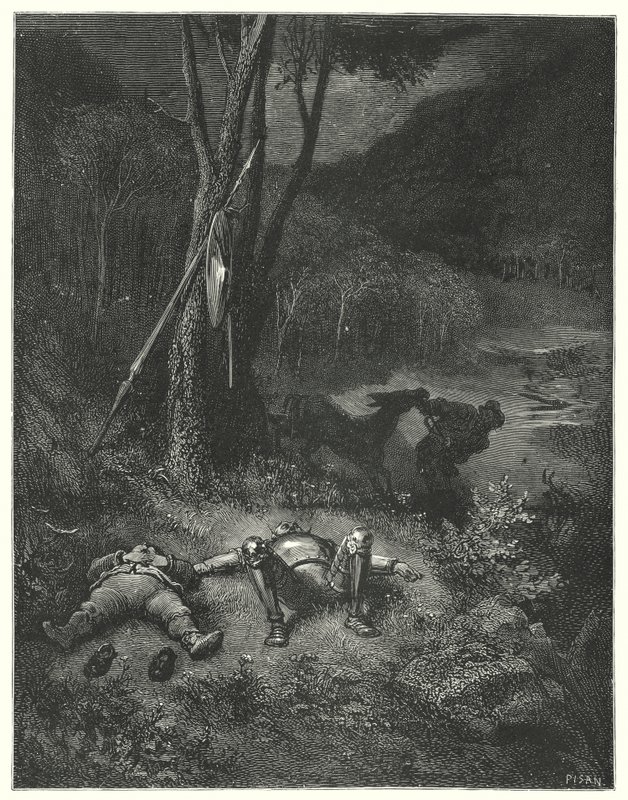 Gustave Dores Dom Quixote: "Gines, que era um estranho tanto para a gratidão como para a humanidade, resolveu cavalgar com o rabo de Sancho" (gravura) de Gustave Dore