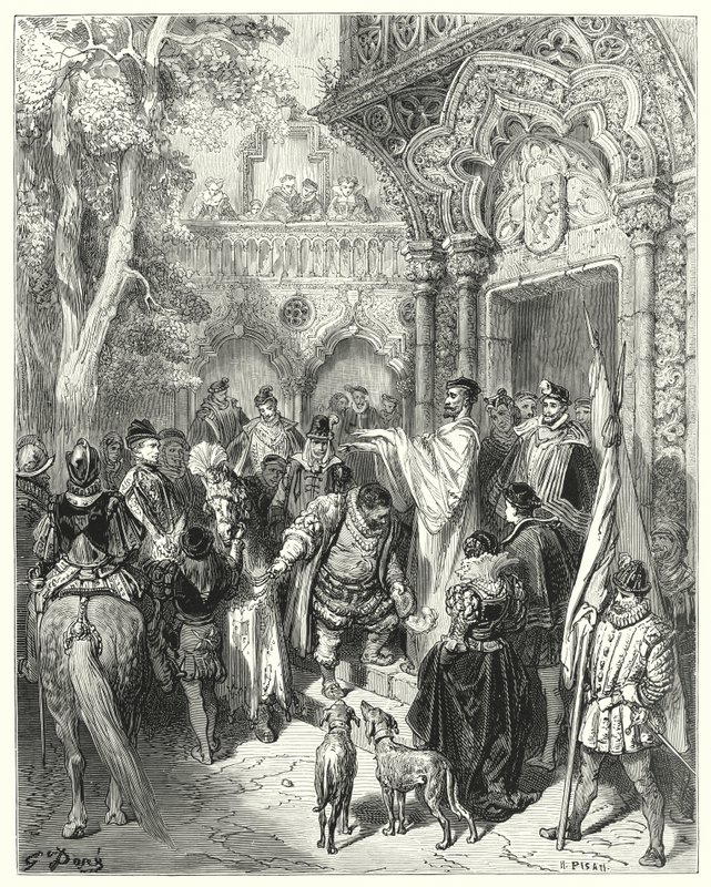 Gustave Dores Dom Quixote: "Ele beijou a mão do duque e da duquesa na despedida, e recebeu a bênção do seu mestre" (gravura) de Gustave Dore