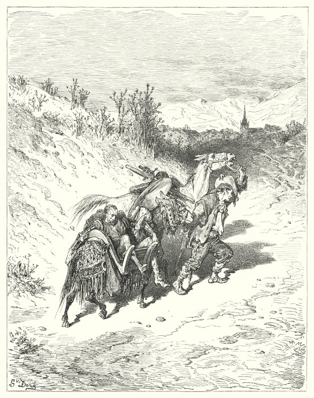 Gustave Dores Dom Quixote: "Ele conduziu-os a todos em direcção à aldeia, e caminhou a pé, muito penoso" (gravura) de Gustave Dore