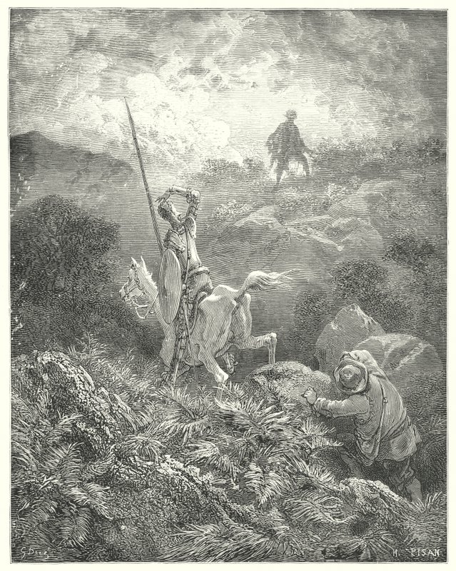 Gustave Dores Dom Quixote: "Ele espiou no topo de um penhasco pedregoso mesmo à sua frente um homem que saltou de rocha em rocha com uma agilidade maravilhosa" (gravura) de Gustave Dore