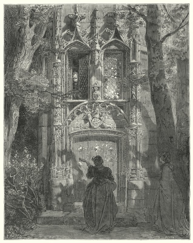 Gustave Dores Don Quixote: "Aqui a donzela da corte terminou a sua canção" (gravura) de Gustave Dore