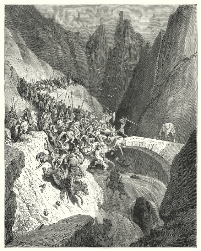 Gustave Dores Don Quixote: "Como Don Diego Garcia com a sua única força defendeu a passagem de uma ponte contra um grande exército" (gravura) de Gustave Dore