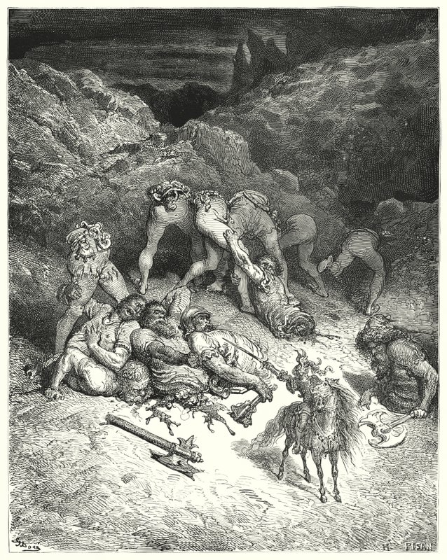 Gustave Dores Don Quixote: "Como Felixmarte cortou cinco gigantes pelo meio" (gravura) de Gustave Dore