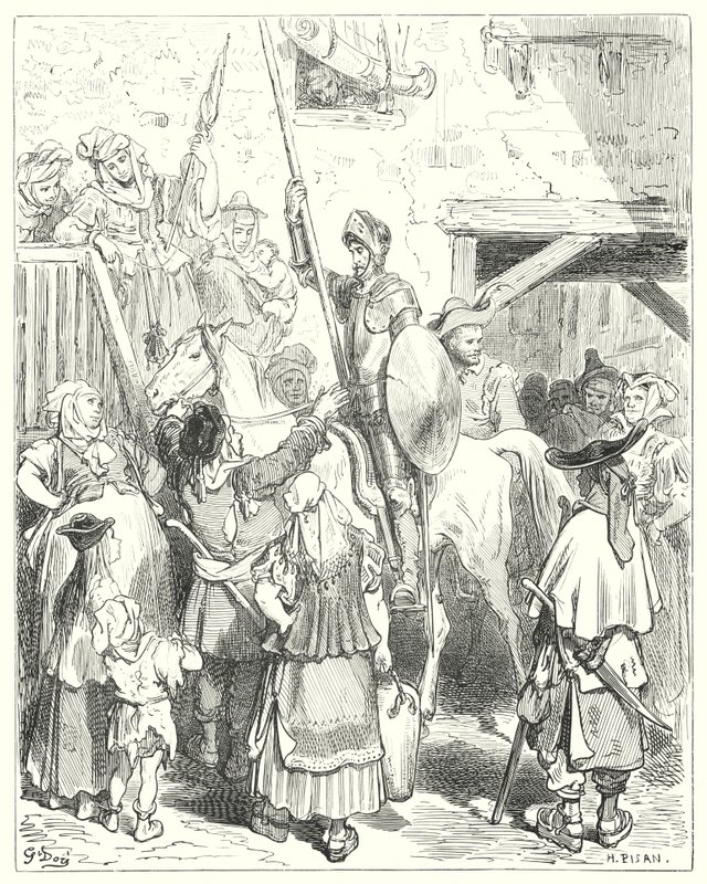 Gustave Dores Don Quixote: "Eu não tenho nada a ver com tudo isto", gritou o estalajadeiro; "pague a sua conta" (gravura) de Gustave Dore