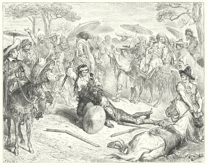 Gustave Dores Dom Quixote: "Apesar dos seus braços, ele bateu-lhe como a uma folha de trigo" (gravura) de Gustave Dore