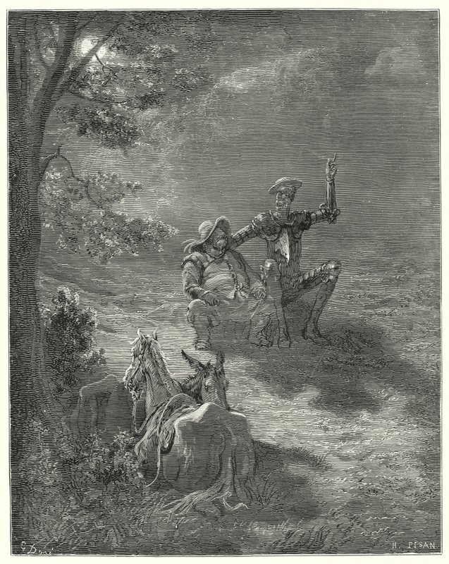 Gustave Dores Dom Quixote: "Em tais discursos eles passaram grande parte da noite" (gravura) de Gustave Dore
