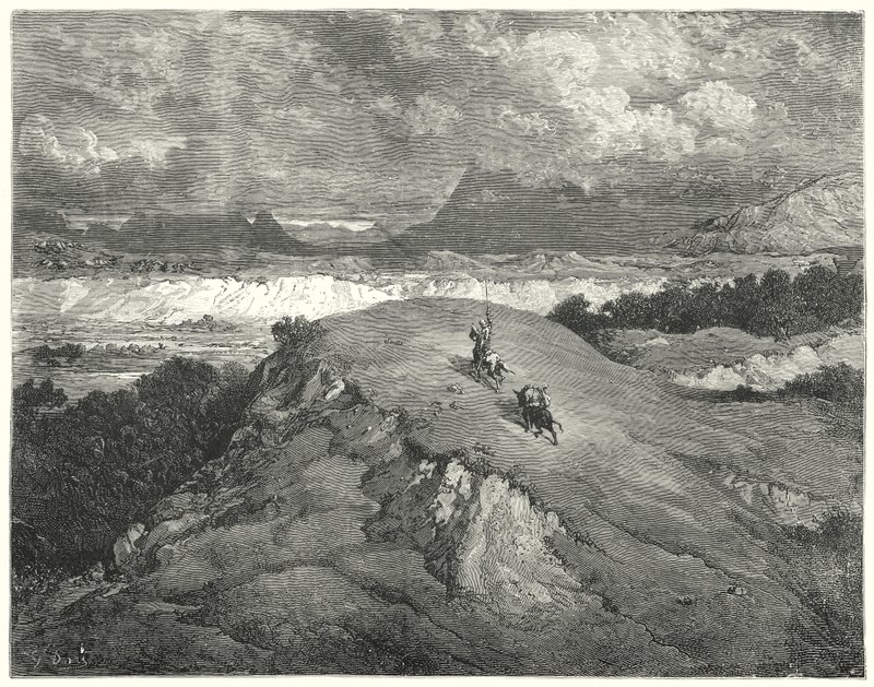 Gustave Dores Dom Quixote: "Era noite antes dos nossos dois viajantes chegarem à parte mais deserta da montanha" (gravura) de Gustave Dore