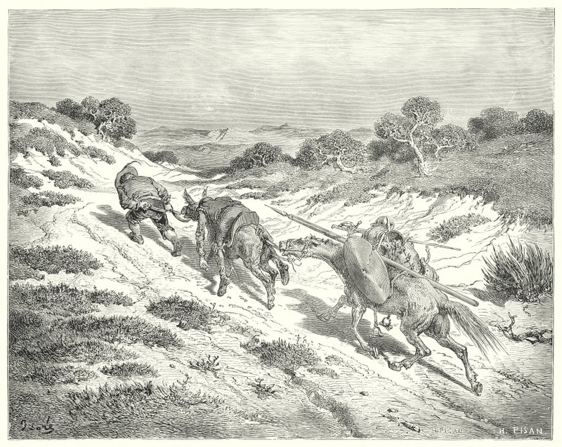 Gustave Dores Don Quixote: "Levando a bunda pelo cabresto, ele pegou o caminho mais próximo que podia adivinhar para a estrada alta" (gravura) de Gustave Dore