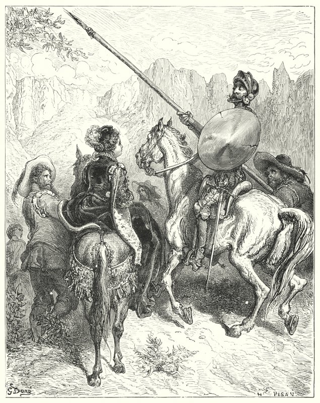 Gustave Dores Dom Quixote: "Agora, senhora", disse Dom Quixote, "deixe-me implorar a sua grandeza para me dizer para que lado devemos ir, para lhe prestar serviço" (gravura) de Gustave Dore