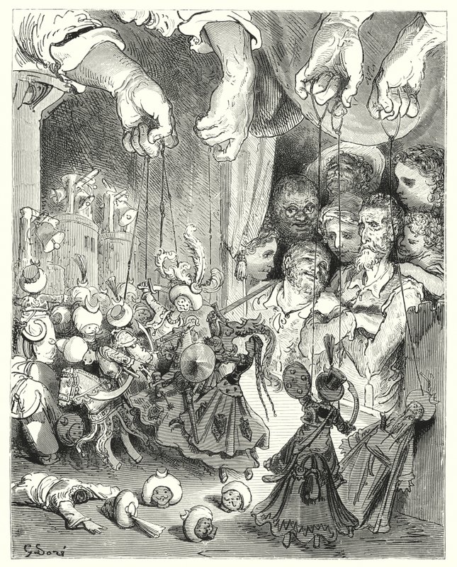 Gustave Dores Dom Quixote: "Observe o que uma vasta companhia de cavalos brilhantes vem derramando fora da cidade, em busca dos amantes cristãos" (gravura) de Gustave Dore