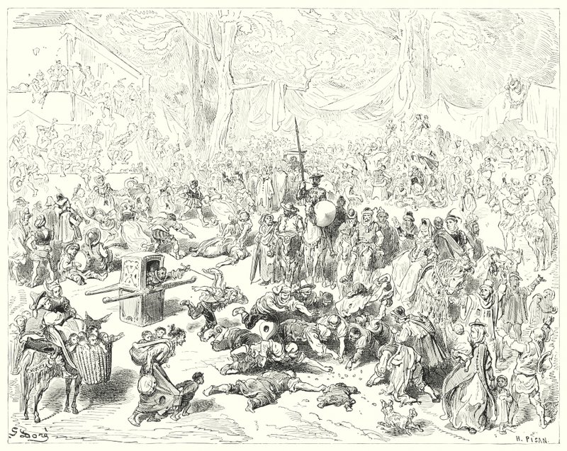 Gustave Dores Dom Quixote: "O pobre Sancho seguiu o seu mestre com um coração pesado" (gravura) de Gustave Dore