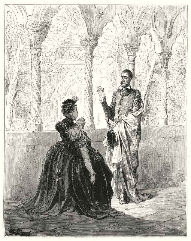 Gustave Dores Dom Quixote: "Orai, meu Senhor Dom Quixote, retirai-vos, porque esta pobre criatura jovem não virá a si mesma enquanto estiverdes por vós" (gravura) de Gustave Dore