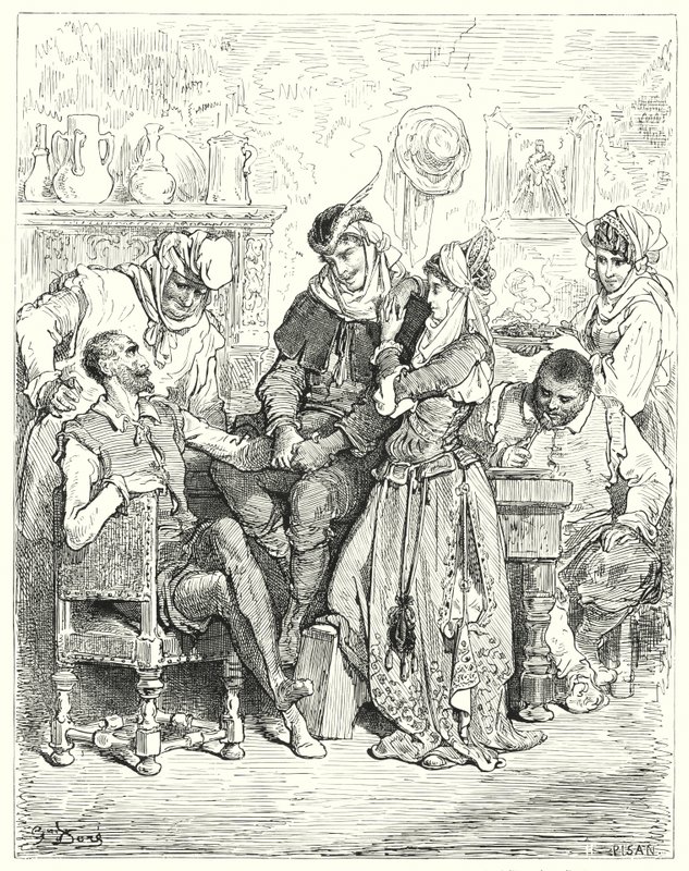 Gustave Dores Dom Quixote: "Sancho e seu mestre ficaram três dias com um jovem casal e se divertiram como príncipes" (gravura) de Gustave Dore