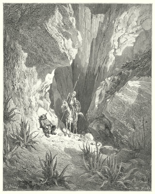Gustave Dores Dom Quixote: "A primeira coisa que ele encontrou foi a corrente de ar bruta de um soneto; então ele leu-o em voz alta" (gravura) de Gustave Dore