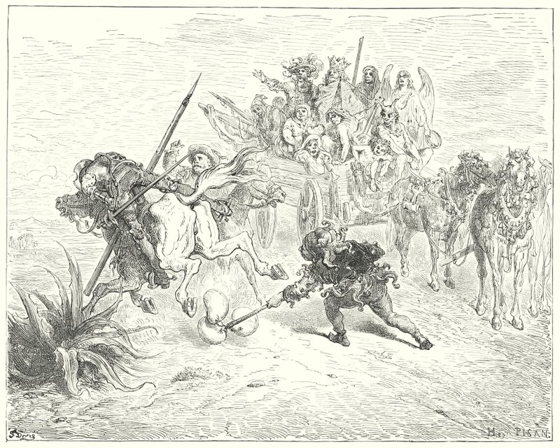 Gustave Dores Don Quixote: "O idiota da peça surgiu a tocar com os seus sinos morrice" (gravura) de Gustave Dore