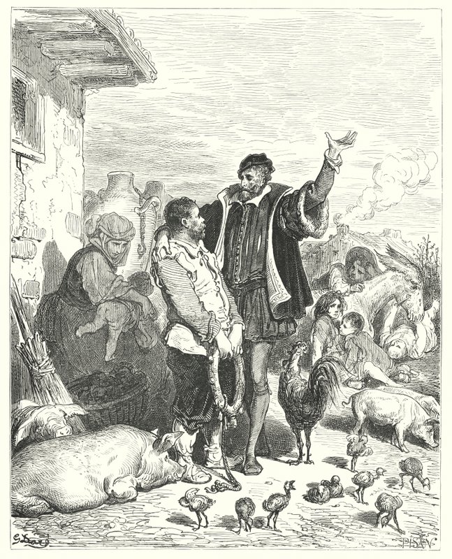 Gustave Dores Dom Quixote: "O cavaleiro fez-lhe tantas promessas justas, que finalmente o pobre palhaço consentiu em ir com ele e tornar-se seu escudeiro" (gravura) de Gustave Dore