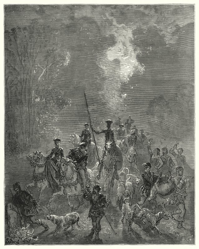 Gustave Dores Dom Quixote: "A manhã começou a espalhar seu olhar sorridente no quarto oriental dos céus" (gravura) de Gustave Dore