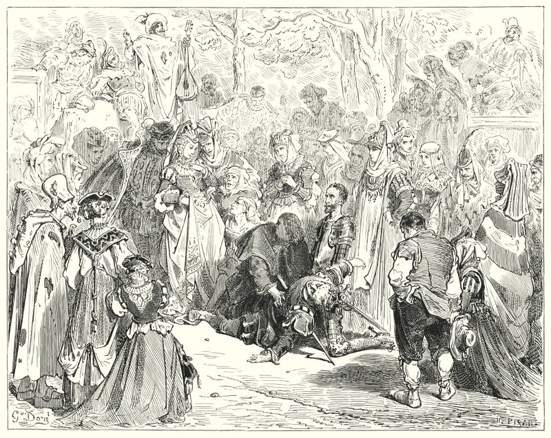 Gustave Dores Dom Quixote: "A pobre virgem, tremendo e consternada sem dizer uma palavra, veio ao pobre Basil" (gravura) de Gustave Dore