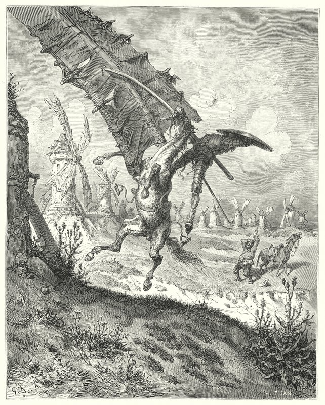 Gustave Dores Dom Quixote: "A vela atirou para longe tanto o cavaleiro como o cavalo junto com ela" (gravura) de Gustave Dore