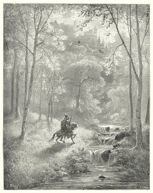 Gustave Dores Dom Quixote: "O céu lhe aparece mais transparente, e o sol parece brilhar com um brilho redobrado" (gravura) de Gustave Dore