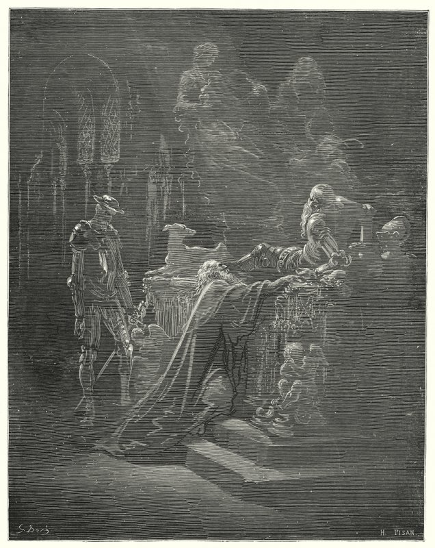 Gustave Dores Dom Quixote: "O venerável Montesinos caiu de joelhos diante do aflito cavaleiro" (gravura) de Gustave Dore