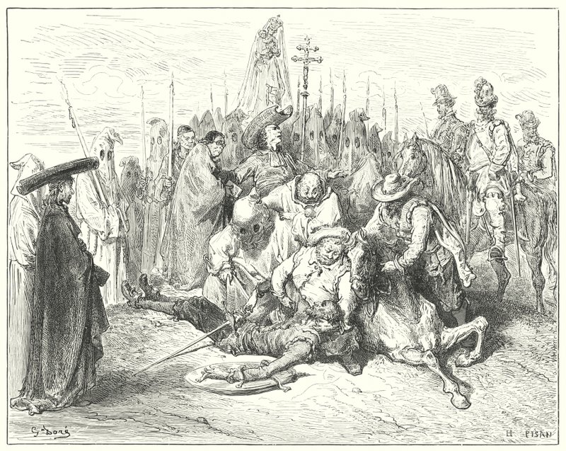Gustave Dores Dom Quixote: "Os acentos woful da voz do escudeiro são finalmente chamados Dom Quixote para si mesmo" (gravura) de Gustave Dore