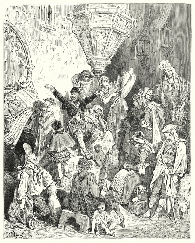 Gustave Dores Dom Quixote: "Não havia aquele país sobre a face da terra que ele não tivesse visto, nem uma batalha em que ele não tivesse estado envolvido" (gravura) de Gustave Dore