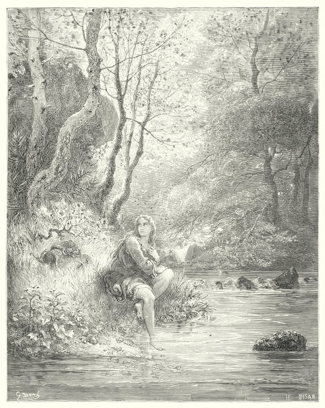 Gustave Dores Dom Quixote: "Espiaram um jovem de hábito campestre, sentado aos pés de uma rocha atrás de um freixo" (gravura) de Gustave Dore