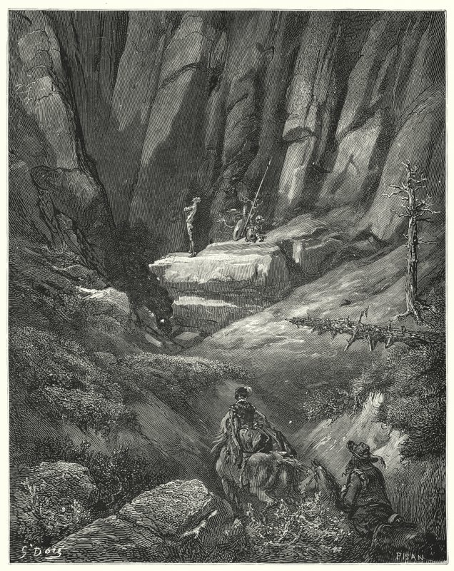 Gustave Dores Dom Quixote: "Eles continuaram por cerca de três quartos de uma liga, e depois entre as rochas espiaram Dom Quixote, que por esta altura já tinha vestido as suas roupas, embora não a sua armadura" (gravura) de Gustave Dore