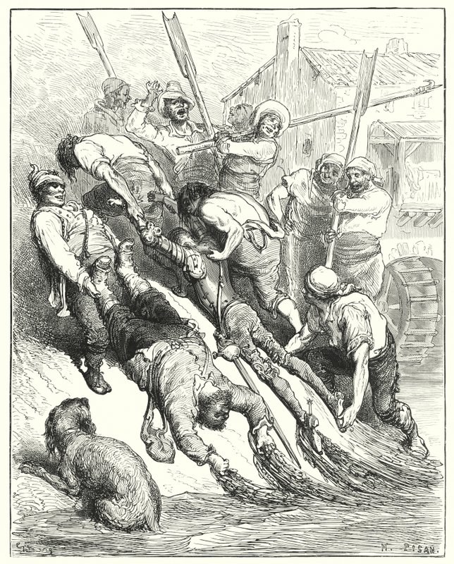 Gustave Dores Don Quixote: "Ambos foram transportados para terra, mais a abarrotar do que a sede" (gravura) de Gustave Dore