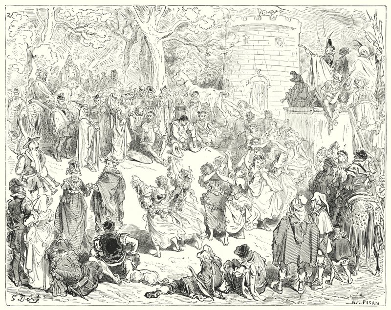 Gustave Dores Don Quixote: "Eles foram conduzidos por um velho reverendo e uma mulher matriarcal" (gravura) de Gustave Dore