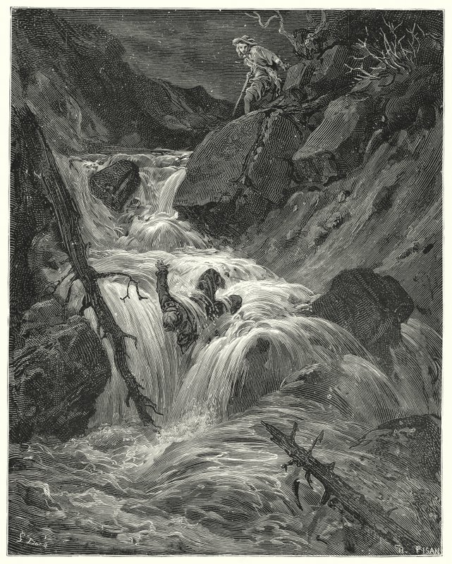 Gustave Dores Dom Quixote: "Com a pouca força que tinha empurrei-o para um precipício, onde o deixei" (gravura) de Gustave Dore