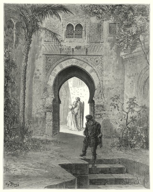 Gustave Dores Dom Quixote: "Zoraida, mostrando problemas na aparência, foi embora com seu pai" (gravura) de Gustave Dore