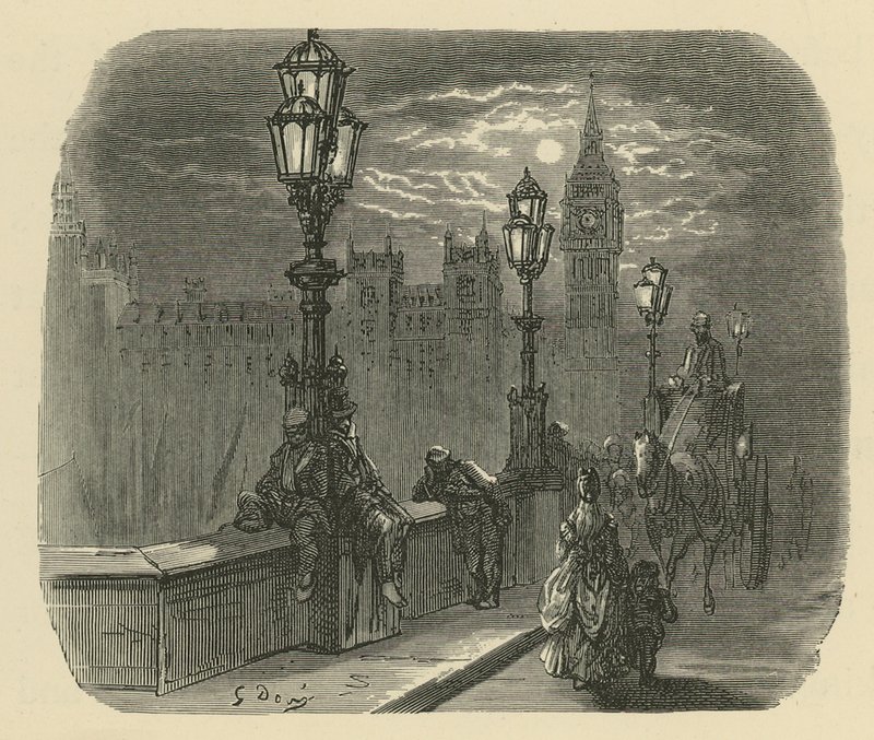 Pessoas e carruagens na ponte de Westminster de Gustave Dore