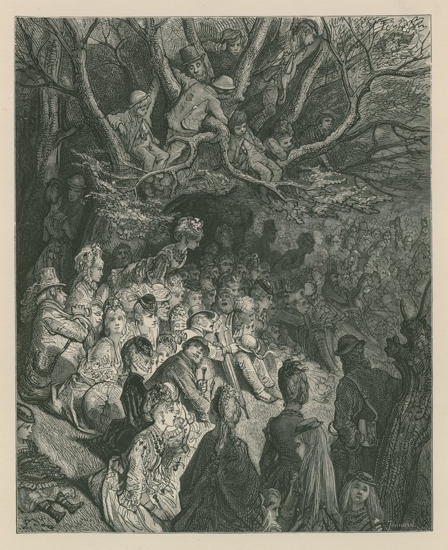 Espectadores assistindo uma corrida de barco de um rio de Gustave Dore