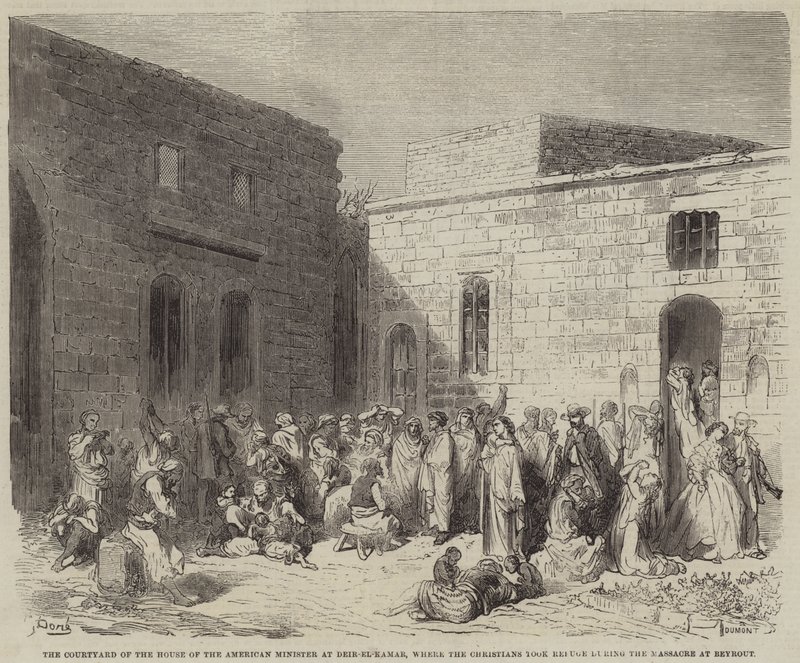 O pátio da casa do ministro americano em Deir-el-Kamar, onde os cristãos tomaram de Gustave Dore